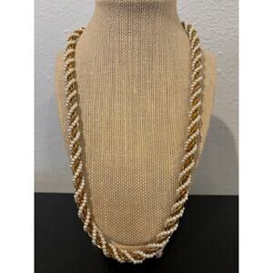 Vintage Casual Corner Gold Tone Statement Necklace Chain with Faux Pearls